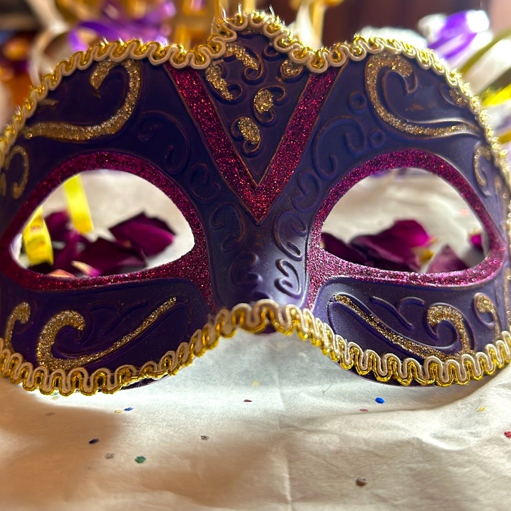 Designed and Handcrafted Mardi Gras glittery purple, gold and pink mask